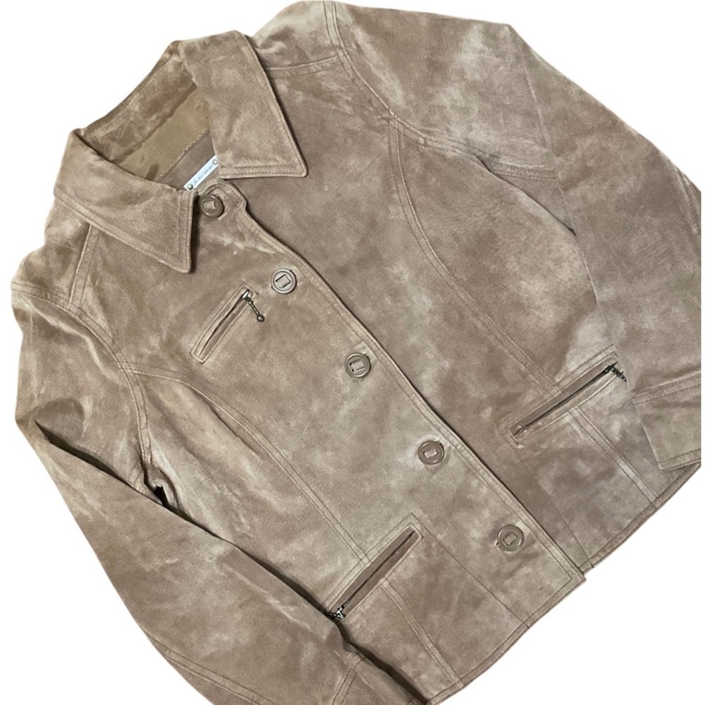 i.e. relaxed Tan Brown Suede Leather Jacket Womens Medium Button Front Zippered